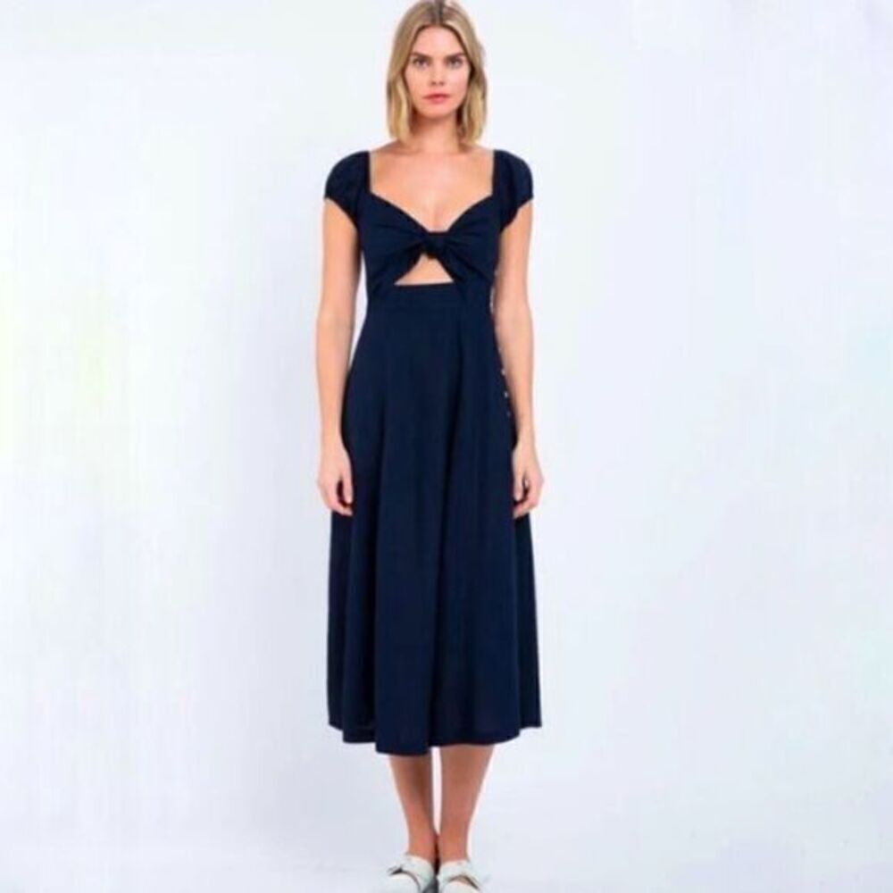 Navy Off-the-Shoulder Boho Linen Blend Midi Dress NWT - Picture 2 of 8